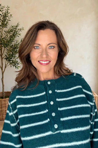 Stripe Henley Sweater- Teal Green