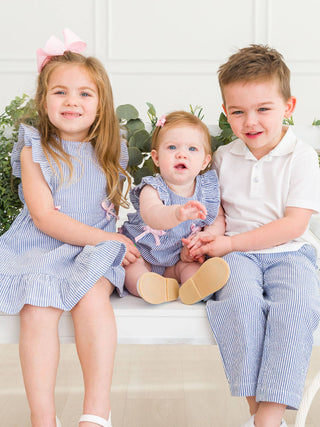 Girls Blue Seersucker Pinafore Bow Dress
