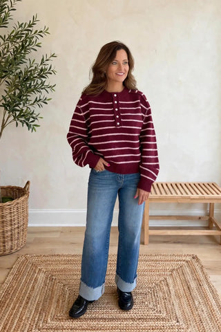 Stripe Henley Sweater- Dark Cherry