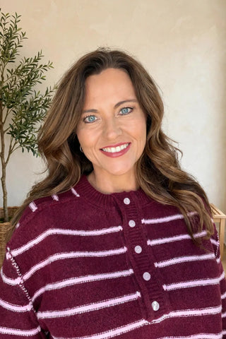 Stripe Henley Sweater- Dark Cherry
