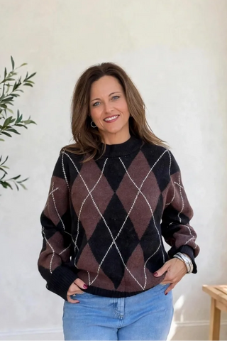 Oversized Argyle Crew Neck Sweater - Brown