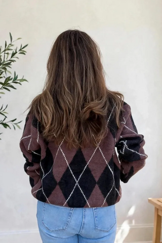 Oversized Argyle Crew Neck Sweater - Brown