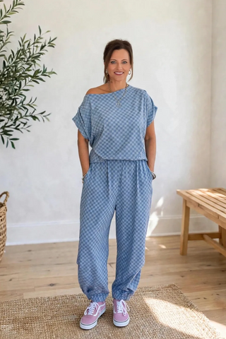 Check Mate Checkered French Terry Set - Blue