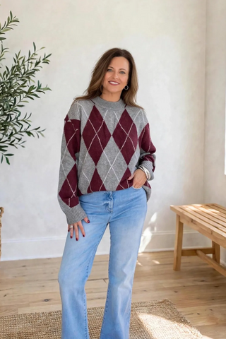 Oversized Argyle Crew Neck Sweater - Wine