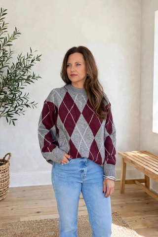 Oversized Argyle Crew Neck Sweater - Wine