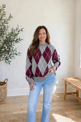 Oversized Argyle Crew Neck Sweater - Wine