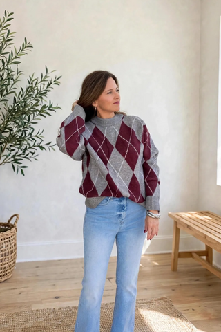 Oversized Argyle Crew Neck Sweater - Wine