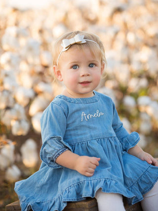 Light Wash Denim Stretch Denim High Low Ruffle Tunic