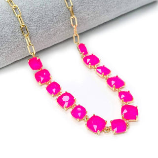 Hot Pink Squared Glass Crystal and Gold Necklace