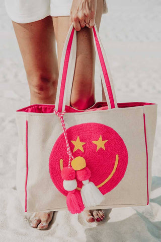 Hot Pink Star Eye Happy Face Canvas Tote Bag