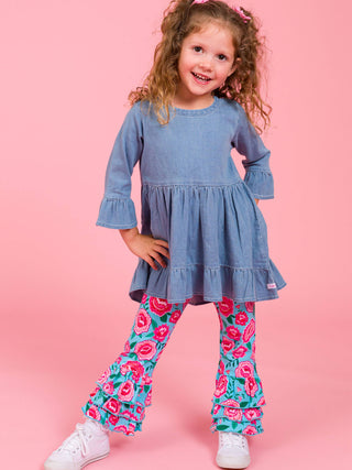 Light Wash Denim Stretch Denim High Low Ruffle Tunic