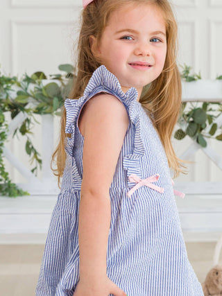 Girls Blue Seersucker Pinafore Bow Dress