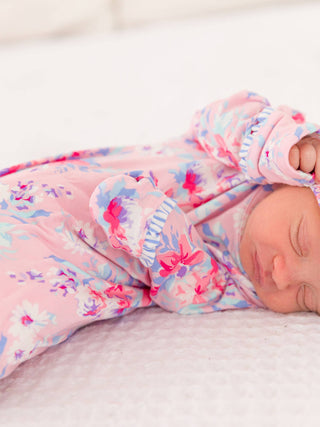 Pretty in Pink Floral Knotted Sleep Gown & Bow Hat Set
