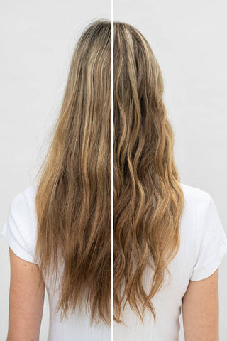 Side-by-side comparison of long, wavy hair on a plain background before and after air dry cream application