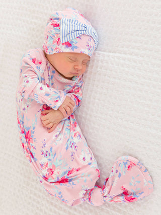 Pretty in Pink Floral Knotted Sleep Gown & Bow Hat Set