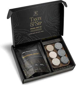 Taste & Sip coffee set with coffee package, coffee beans, and coasters in a black box.