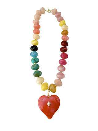 Colorful beaded necklace with a heart-shaped pendant on a white background