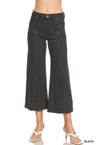 Mid Rise Wide Leg Cropped Color Denim Jeans - Black