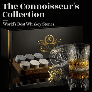 R.O.C.K.S whiskey stones with glasses and a branded box on a dark background