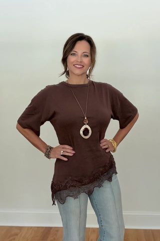 Asymmetrical Lace Hem Relaxed Knit Tee