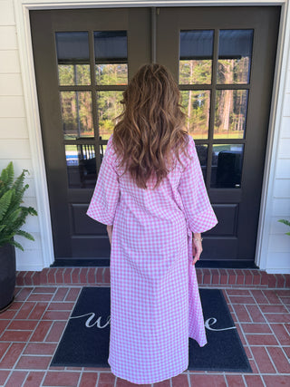 Pink Blush Gingham 3/4 Sleeve Midi Dress