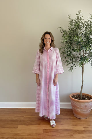 Pink Blush Gingham 3/4 Sleeve Midi Dress