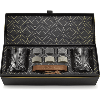 Set of glass tumblers and stones in a decorative box with 'R.O.C.K.S.' branding.