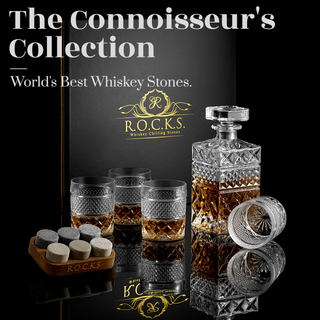 R.O.C.K.S. whiskey stones and decanter set with 'The Connoisseur's Collection' text on a black background.