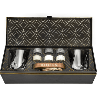 Set of cocktail glasses and accessories in a decorative box with 'R.O.C.K.S.' branding.