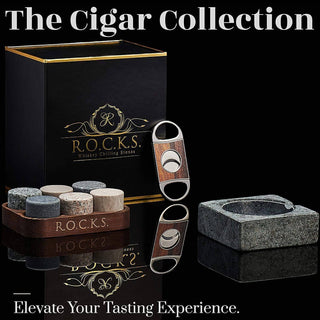 Cigar accessories including a humidor, cutter, and ashtray with R.O.C.K.S. branding on a black background.