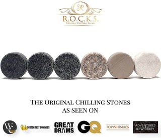 Set of whiskey stones with R.O.C.K.S. branding on a white background
