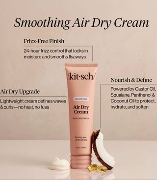Kit'sch Smoothing Air Dry Cream tube with product details on a beige background