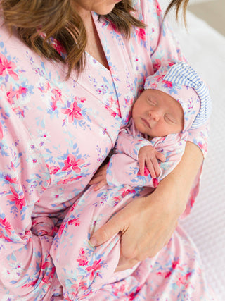 Pretty in Pink Floral Knotted Sleep Gown & Bow Hat Set