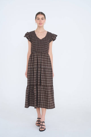 Plaid V-Neck Smocked Tiered Midi Dress