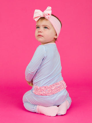 Periwinkle Blue & White Micro Stripe Footed Ruffle One Piece Pajama