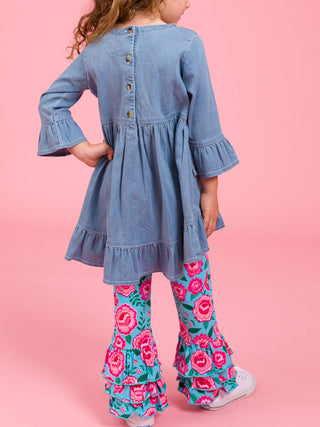 Light Wash Denim Stretch Denim High Low Ruffle Tunic