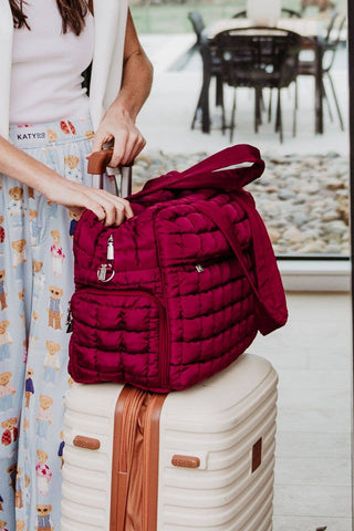 Wine Quilted Weekender Duffel Bag w/ Pass-Thru Slip
