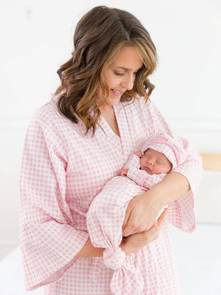 Pink Gingham Ruffle Knotted Sleep Gown & Bow Hat Set