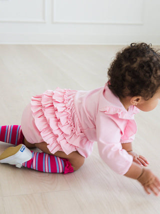 Pink Knit Long Sleeve Flutter Bubble Romper