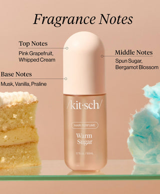Kitsch hair perfume bottle with fragrance notes text and visual elements on a pink background