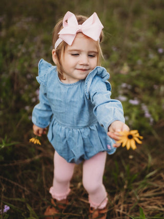 Light Wash Denim Long Sleeve Flutter Bubble Romper