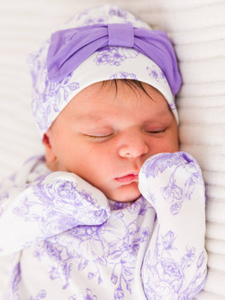 Wisteria Purple Butterfly Garden Toile Knotted Sleep Gown & Bow Hat Set