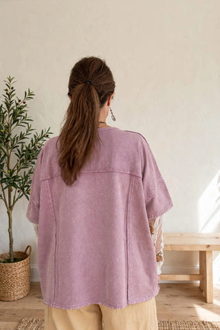 Mauve Easel top with peace sign and sheer sleeves.