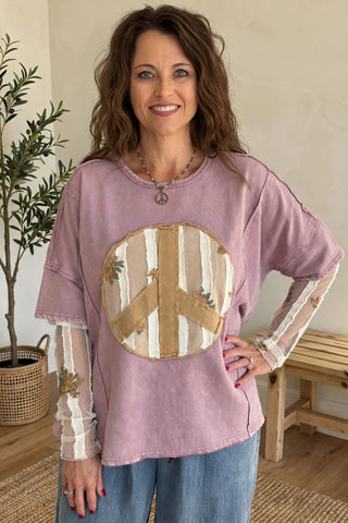 Mauve Easel top with peace sign and sheer sleeves.