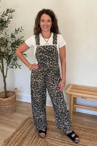 Leopard Print Barrel-Leg Bib Overalls