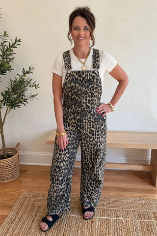 Leopard Print Barrel-Leg Bib Overalls