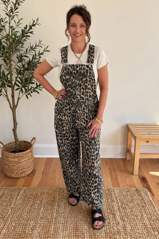 Leopard Print Barrel-Leg Bib Overalls