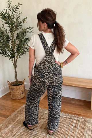 Leopard Print Barrel-Leg Bib Overalls