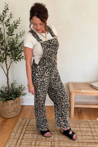Leopard Print Barrel-Leg Bib Overalls