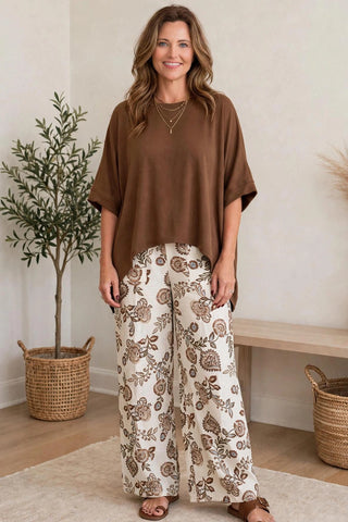 brown oversized top with cream and brown floral wide leg linen pants